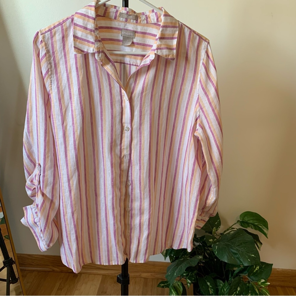 Chico’s Mauve and White Striped Button-Up Linen Shirt